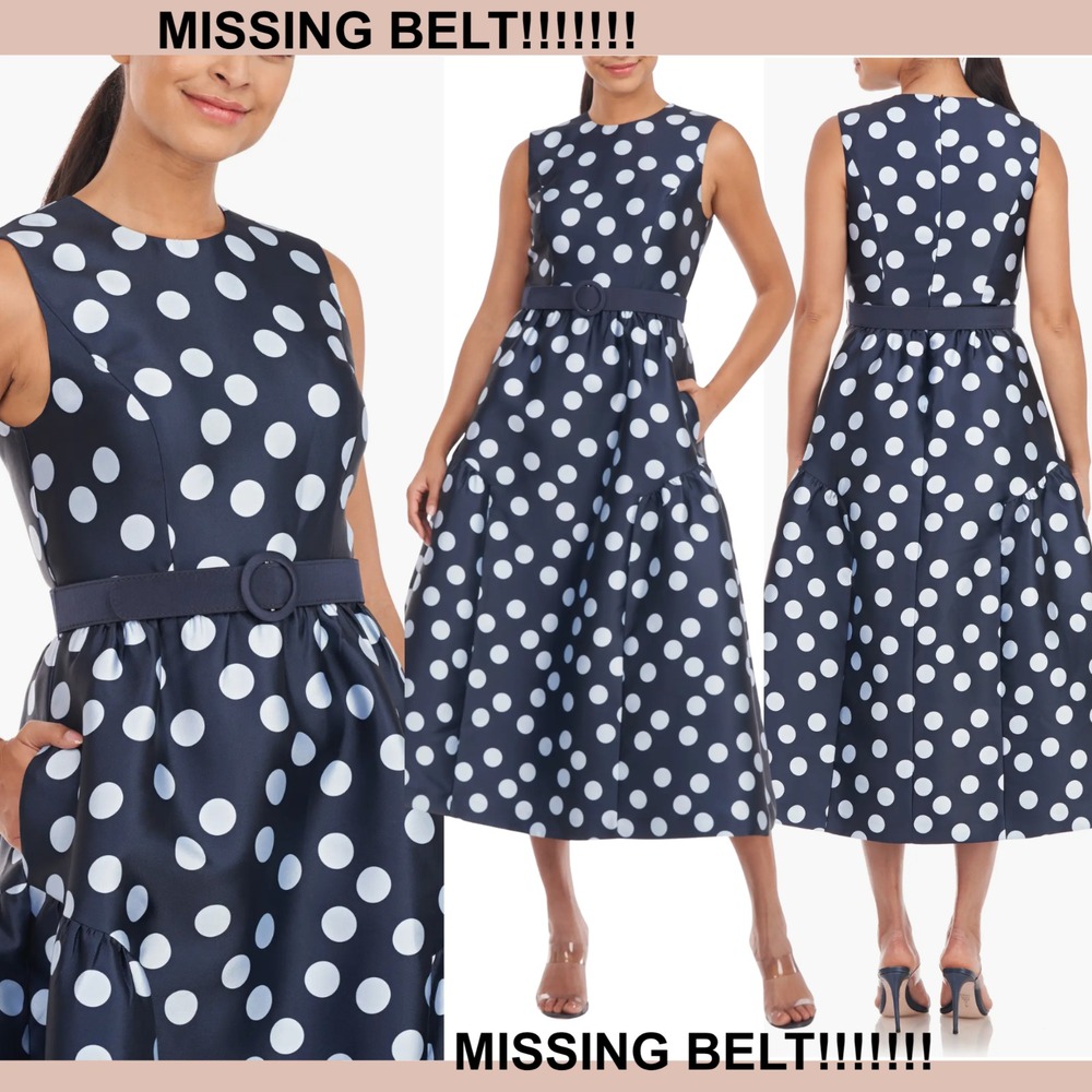NWD Kay Unger [‎ 6 ] Tinslee Polka Dot Fit & Flare Midi Dress Navy Blue #S2041